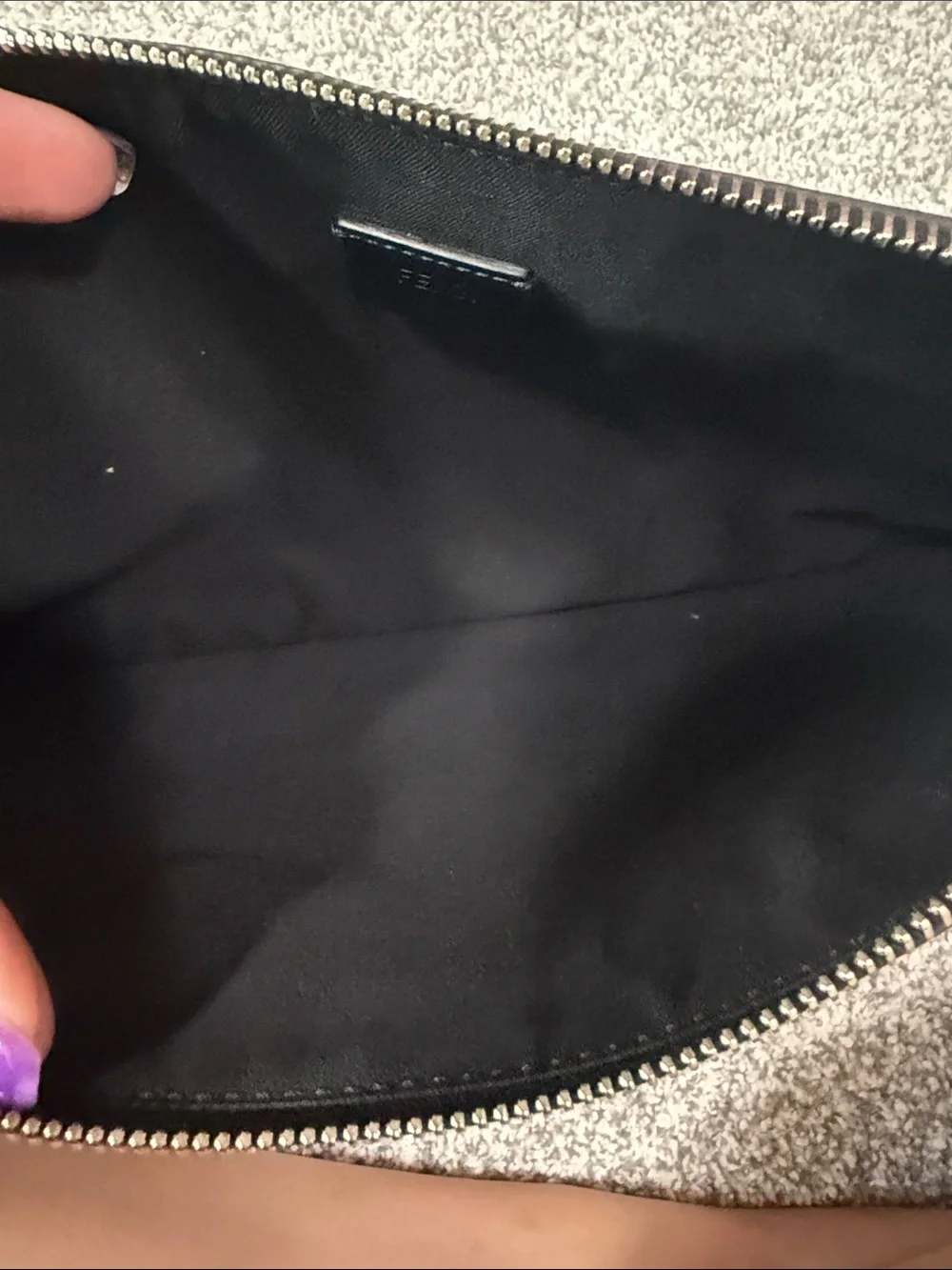Fendi LOVE Patch Black Leather Zip Clutch with Blue Lettering